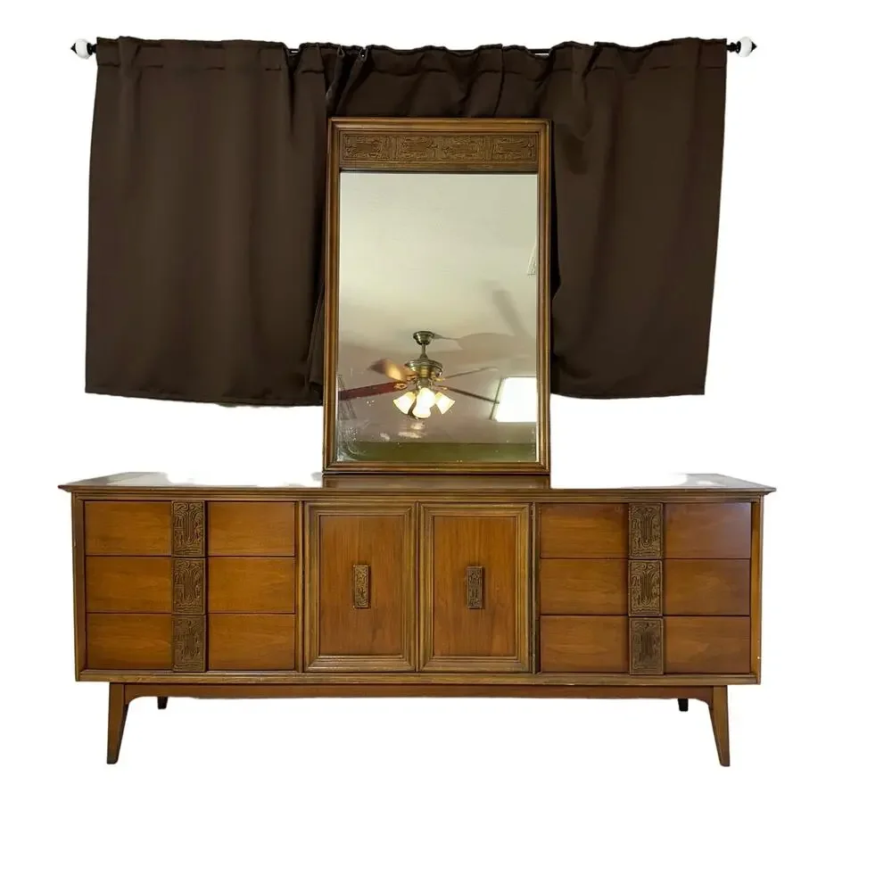Bassett Mayan Walnut Credenza Long Dresser Marble Insets Mid Century Modern
